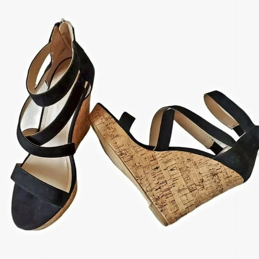 Charles David Alexa Microsuede Black Platform Cork Wedge Sandals strappy ankle 9